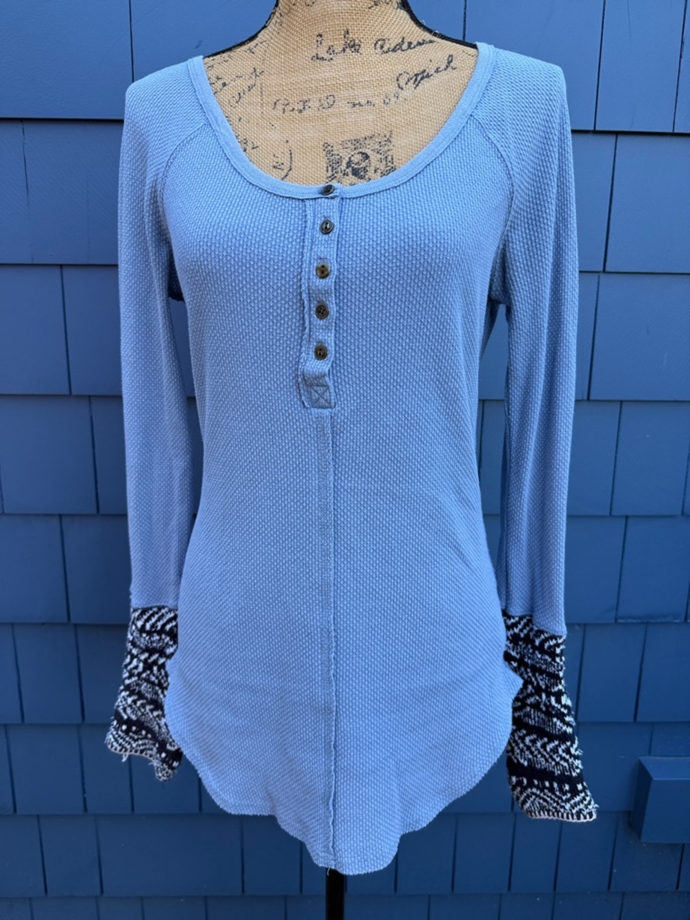 Free People Light Blue Henley Thermal Top with Patterned Cuffs